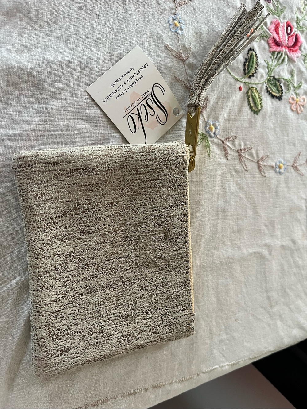 Sseko Beige Metallic Textured Wristlet Wallet
